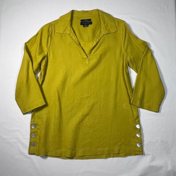 TAHARI SM 100% Linen Chartreuse Tunic Top 3/4 Sleeve Popover Blouse Lagenlook - Picture 1 of 8